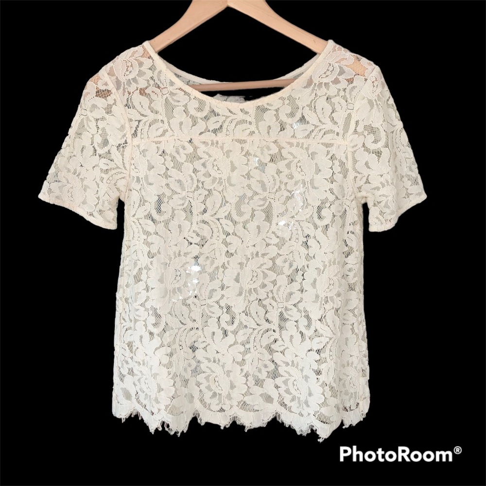 LOFT Cream Lace Floral Short Sleeve Top